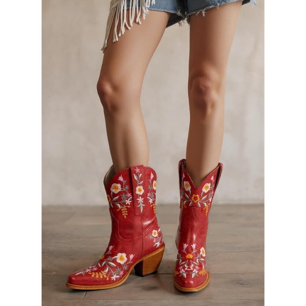 Women's Chunky Heel Ankle Snip Square Toe Flower Embroidered Western Red Boot - Picture 2 of 8
